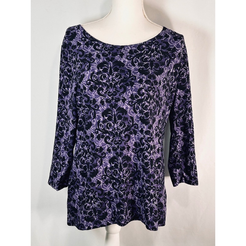 JM Collection Womens Purple‎ Black Damask Scoop Neck 3/4 Sleeve Top Size M